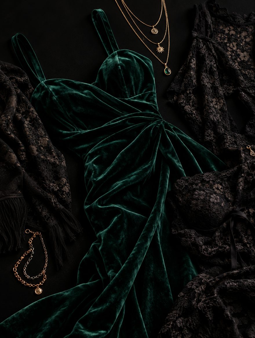Emerald velvet dress and black lace garments with gold chains on a black surface