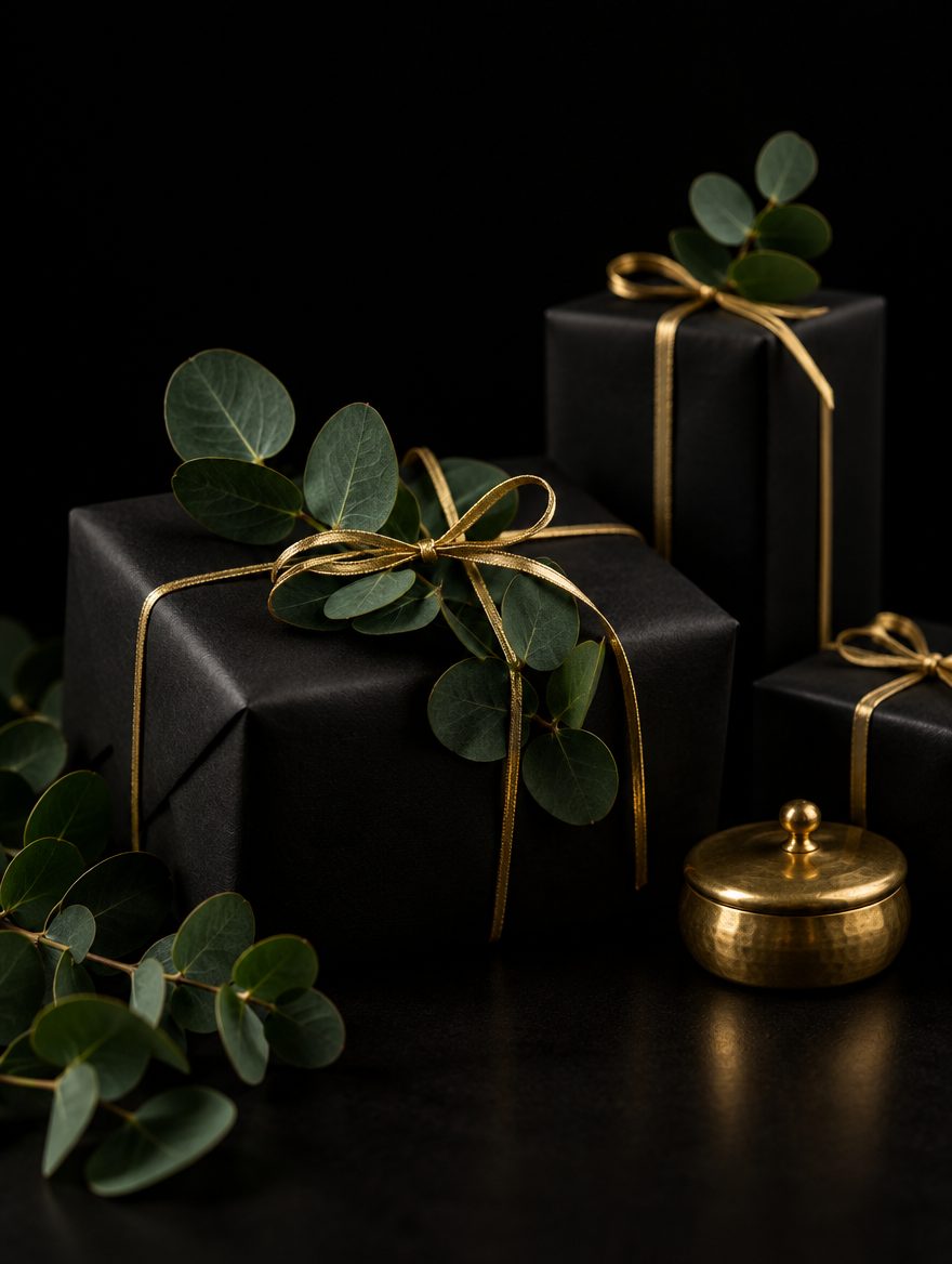 Black gift boxes tied with gold ribbon and eucalyptus beside a brass trinket