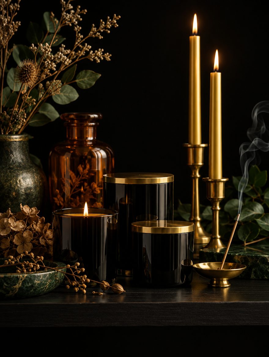 Black candle vessels with gold lids, gold taper candles and an apothecary bottle