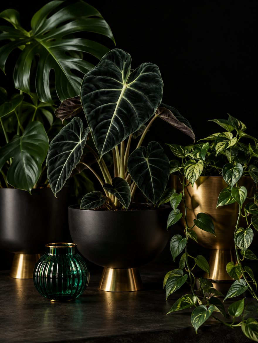 Dark green houseplants in black and gold footed planters
