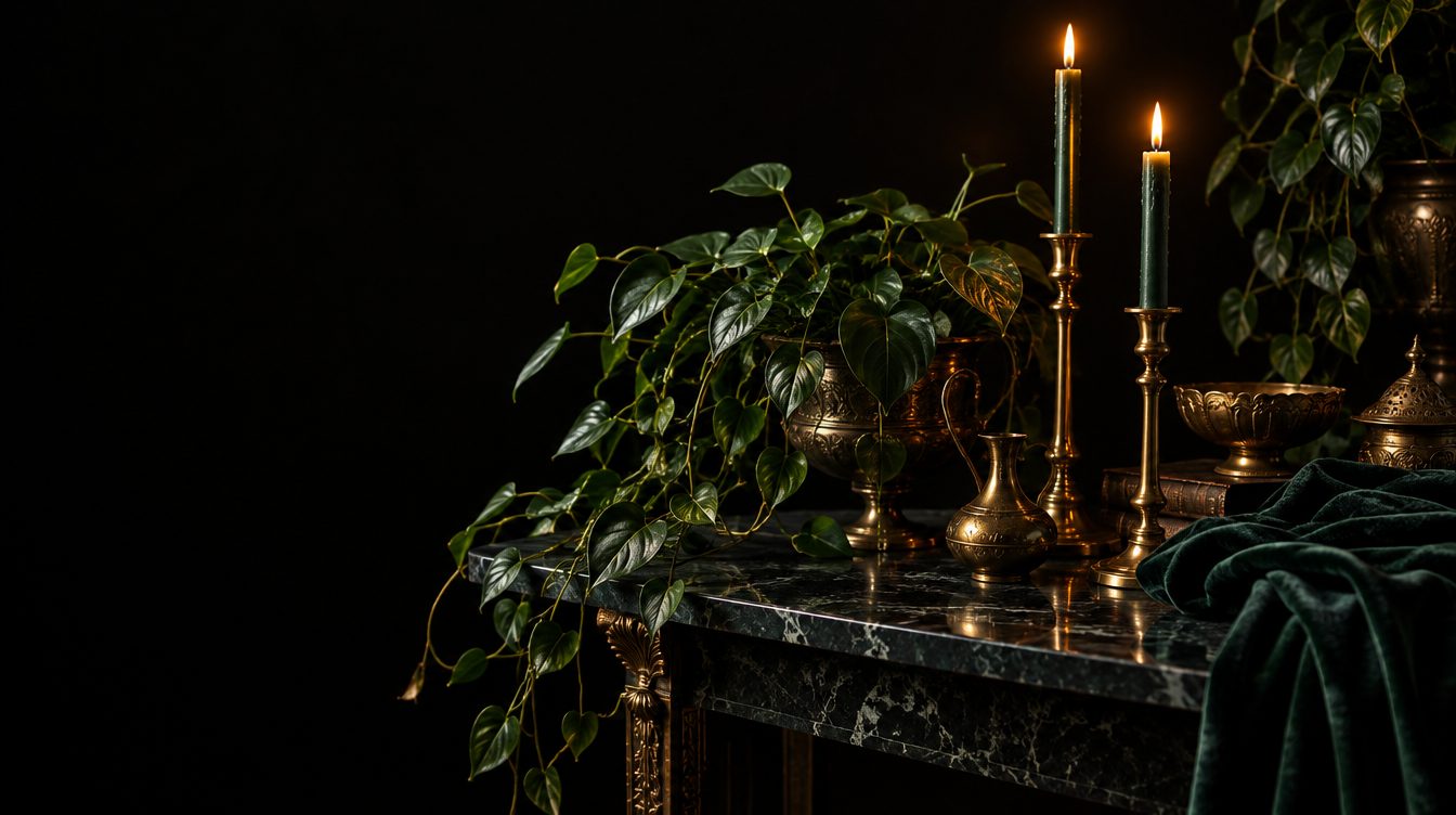 A dark marble console styled with trailing emerald plants, gold candlesticks and brass vessels by candlelight