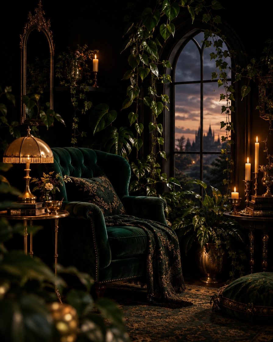 A dim gothic bohemian room with an arched window at dusk, emerald velvet seating, trailing plants and gold lamplight