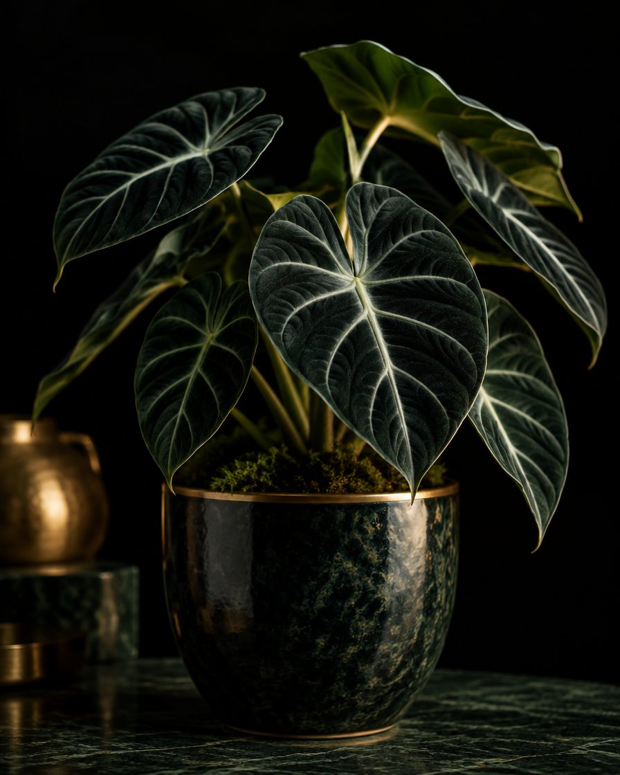 A black velvet alocasia with near-black leaves and silver veining in a dark pot