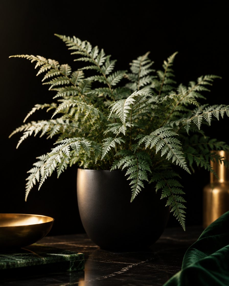 A soft silvery green fern in a matte black pot