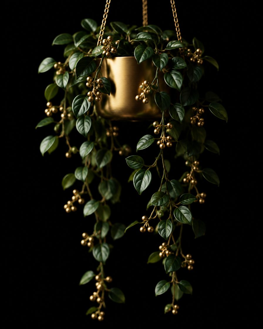 A trailing green vine with small gold toned berries in a brushed-gold hanging planter
