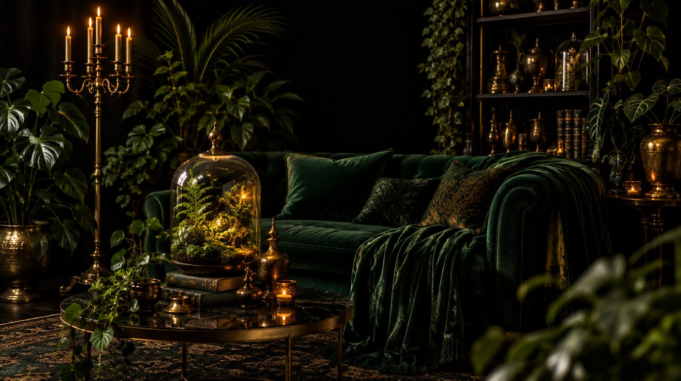 A dark apothecary parlour with emerald velvet seating, gold candelabra, a glowing terrarium and many houseplants